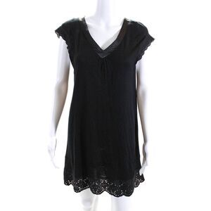 Ange Womens Short Sleeve V Neck Eyelet Trim Knit Shift Dress Black Size 2